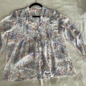 Joie Womens Silk Sheer Floral Pleated V-Neck Long Sleeve Blouse Top Small Pastel